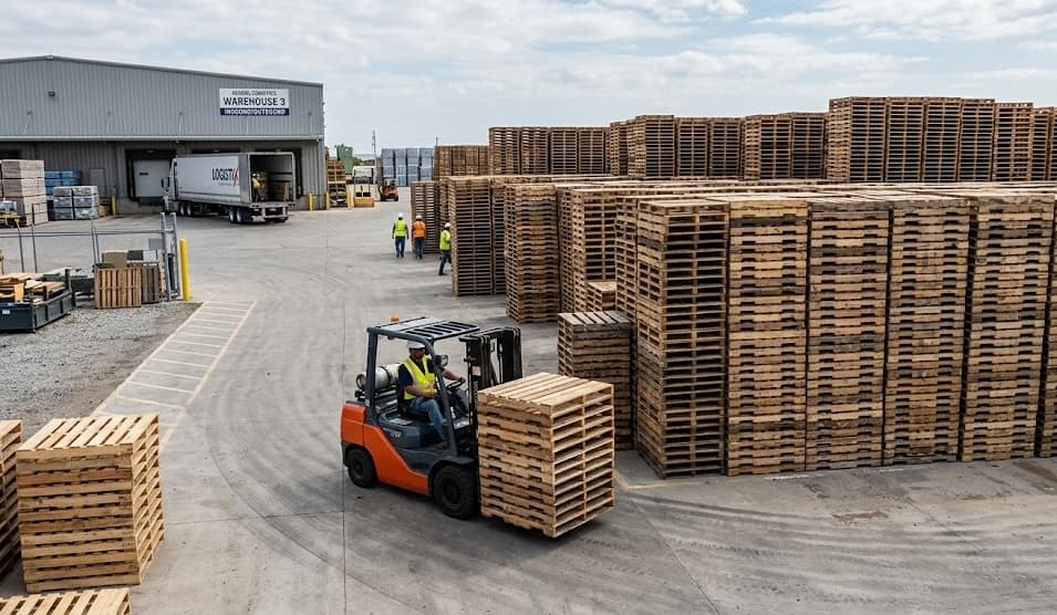 Forklift moving stacked pallets in our outdoor pallet yard